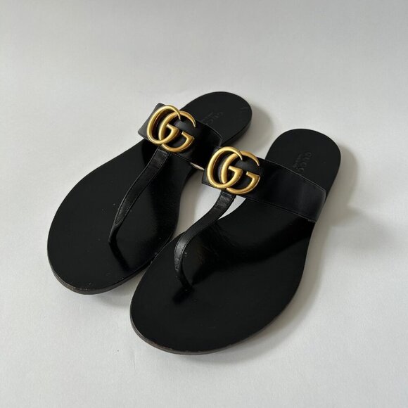 GUCCI BLACK LEATHER GG T-STRAP SANDAL - Picture 2 of 6